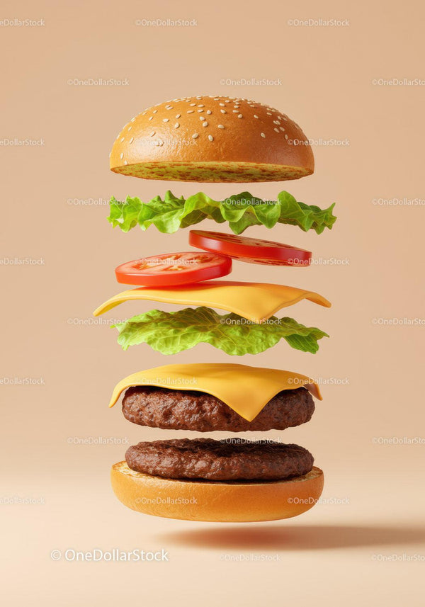Deconstructed cheeseburger ingredients floating on neutral background