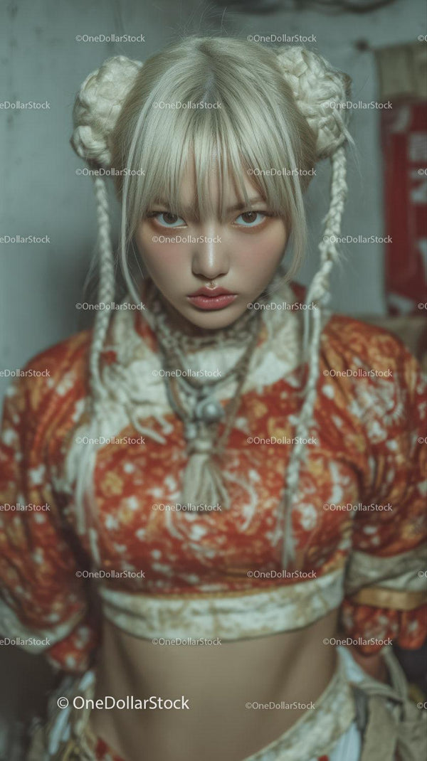 Young Woman with Platinum Blonde Braided Hair and Edgy Fashion Style