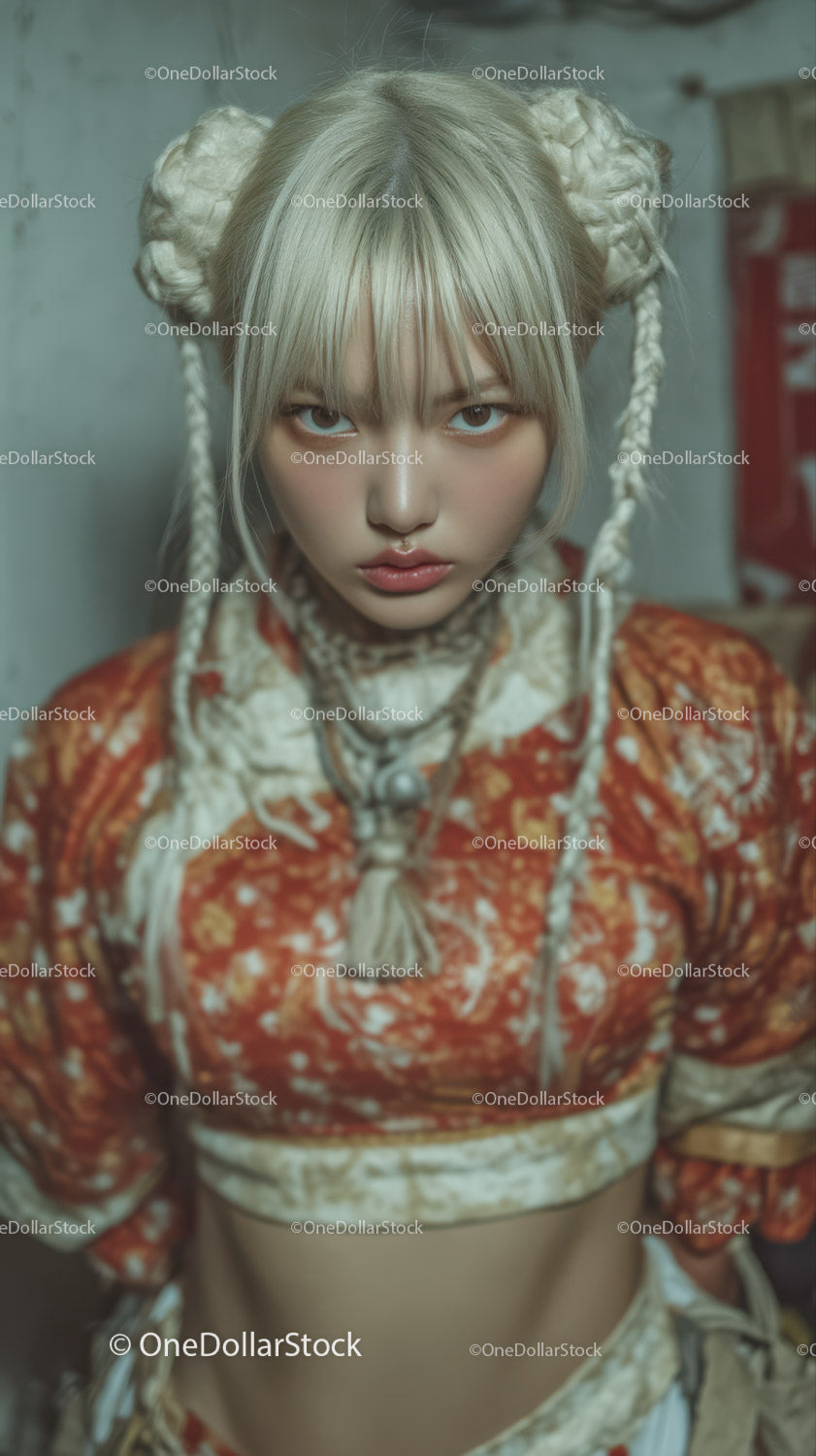 Young Woman with Platinum Blonde Braided Hair and Edgy Fashion Style