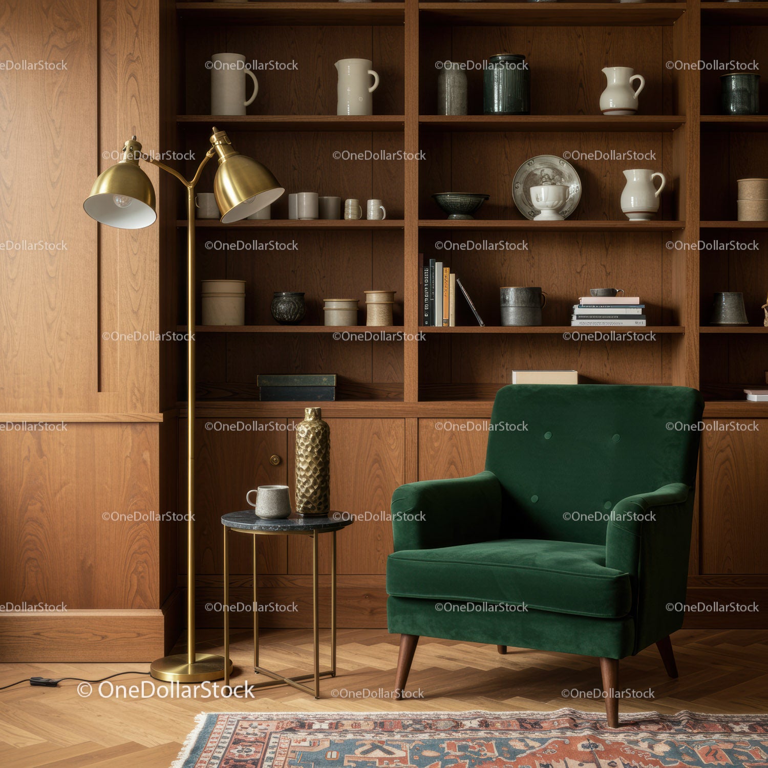 Cozy reading nook with green armchair and brass lamp