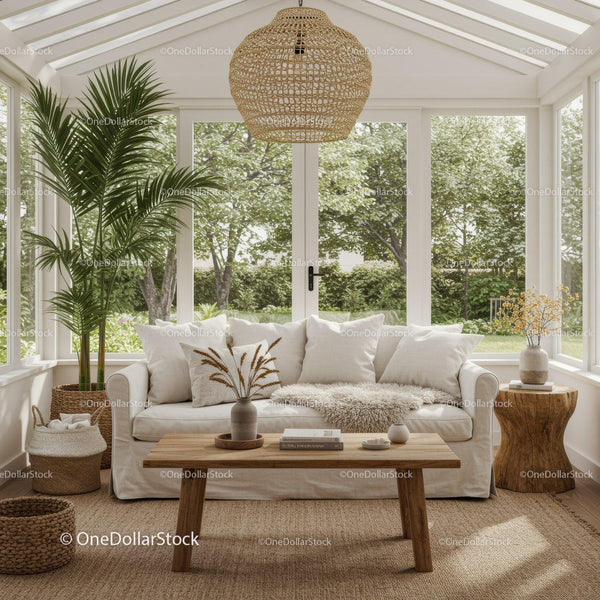 Cozy sunroom with white sofa and natural decor