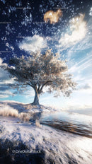 Snow Covered Tree by Frozen Shore in Winter Daylight