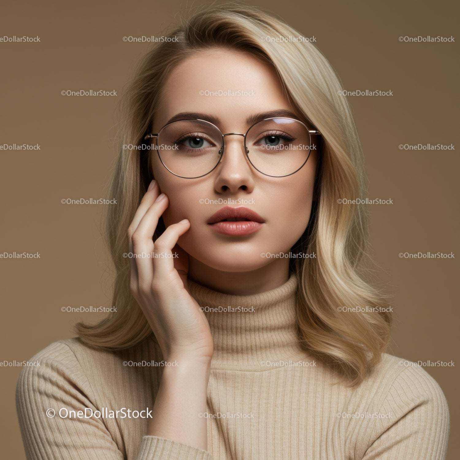 Elegancka blondynka w okularach na portrecie studyjnym