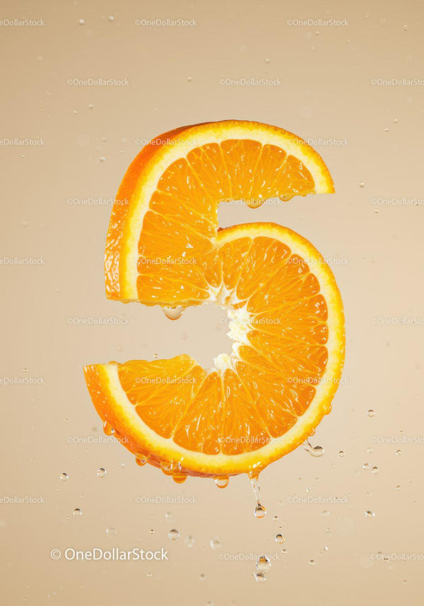Fresh Orange Slice Shaped Like Number Five With Water Droplets