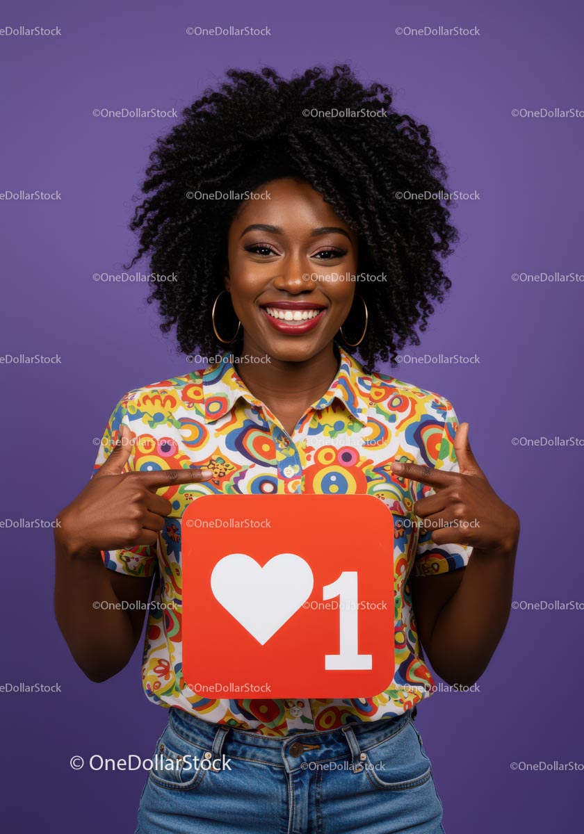 Joyful Woman Holding Social Media Like Icon in Bright Colorful Shirt
