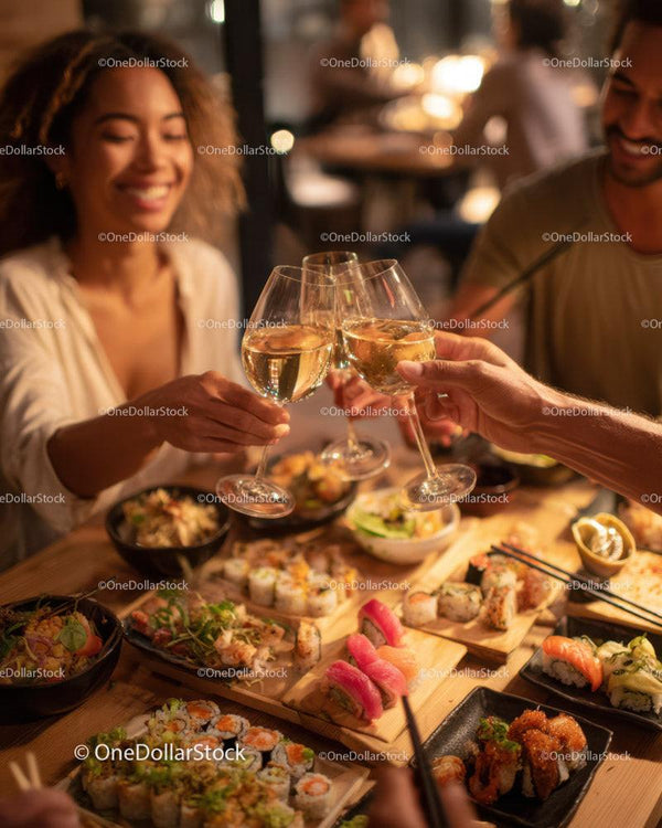 Group of Friends Clinking Wine Glasses Over Sushi Feast in Restaurant