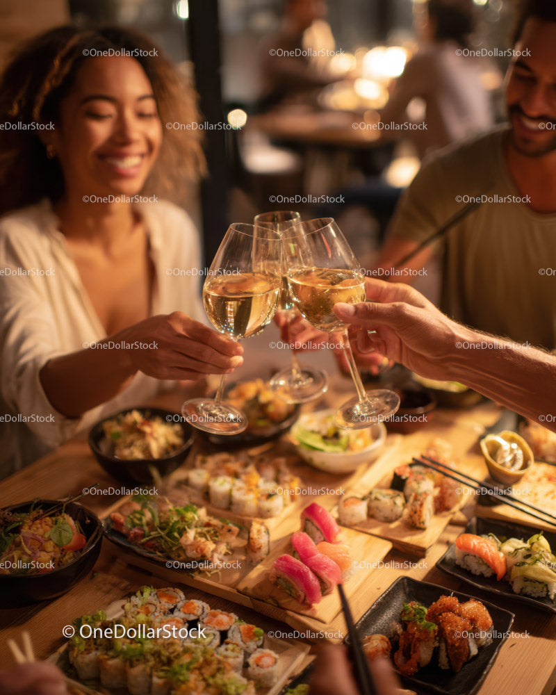 Group of Friends Clinking Wine Glasses Over Sushi Feast in Restaurant