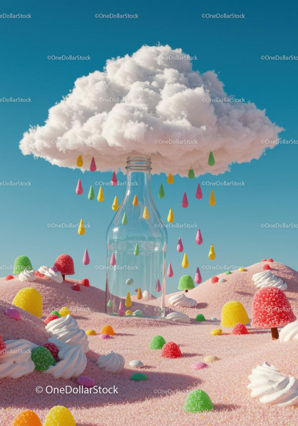 Whimsical Candy Landscape with Cloud and Glass Bottle