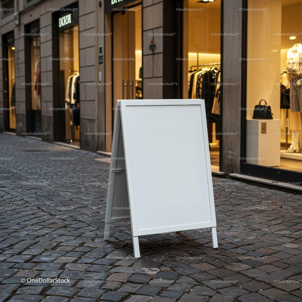 Blank white sidewalk sign on cobblestone street outside store JPG Mockup Image