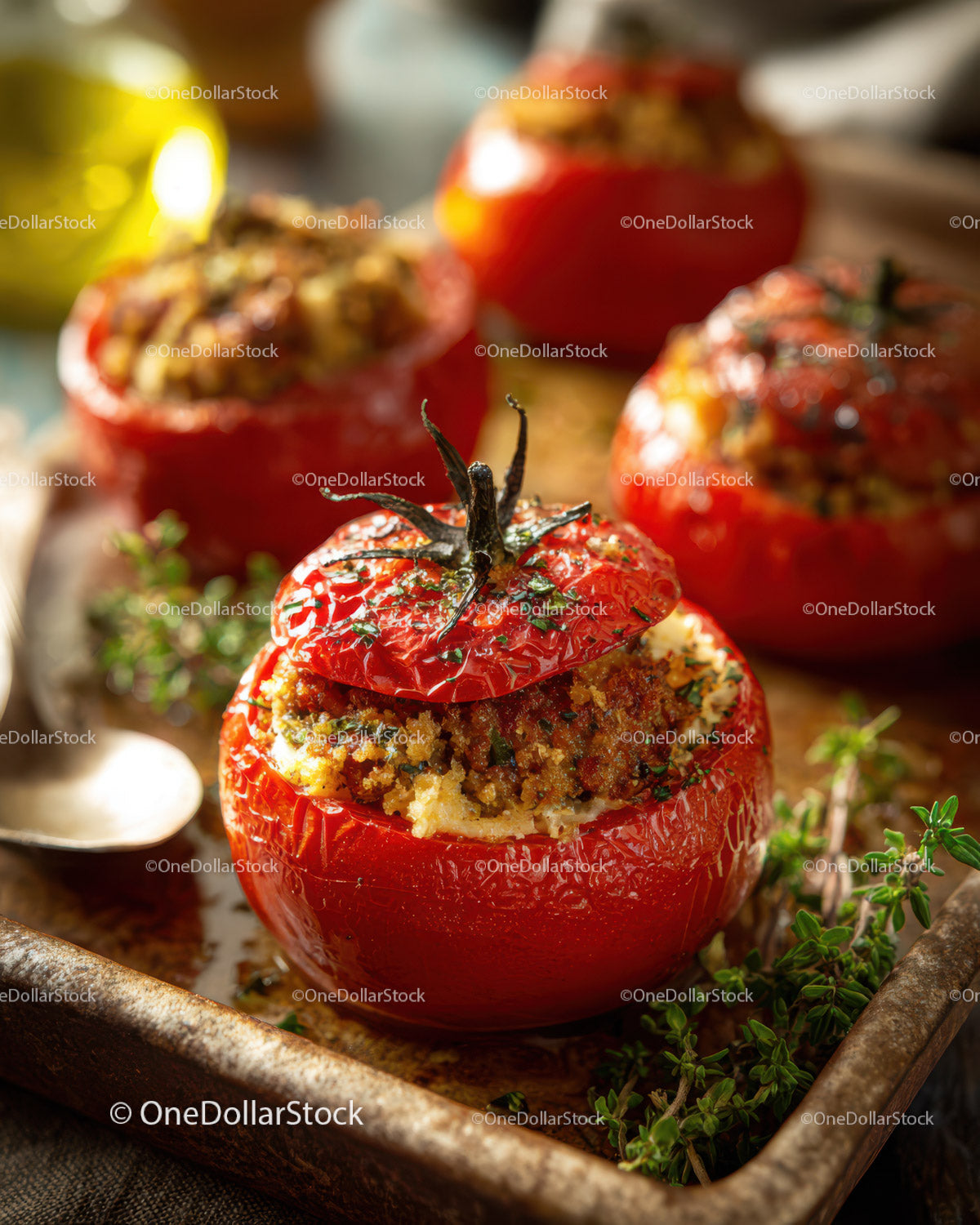 Stuffed Roasted Tomatoes with Savory Filling on Rustic Tray