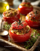 Stuffed Roasted Tomatoes with Savory Filling on Rustic Tray