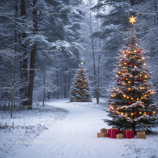 Snowy Forest Path with Decorated Christmas Trees