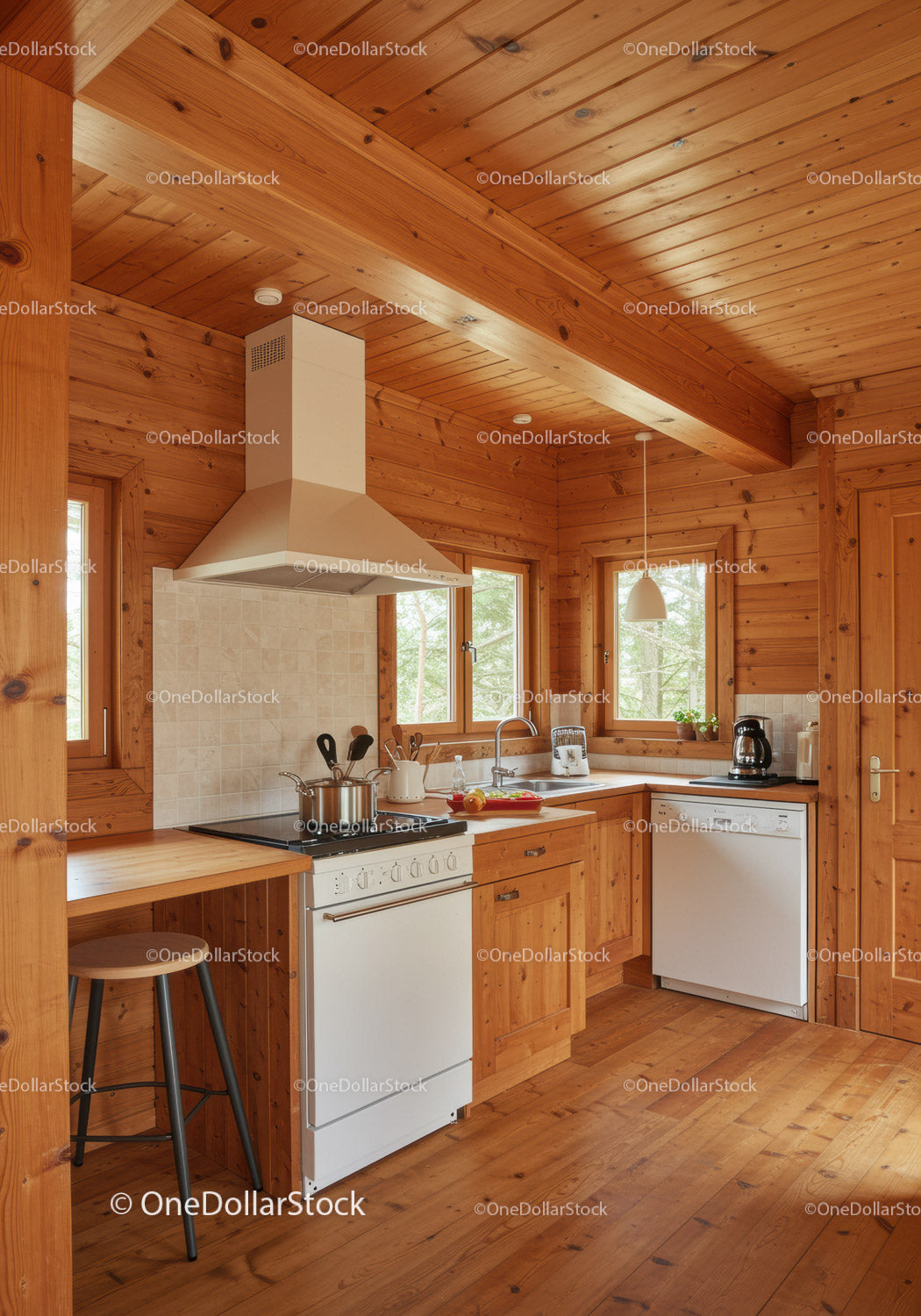 Rustic Wooden Kitchen with White Appliances and Countryside Charm