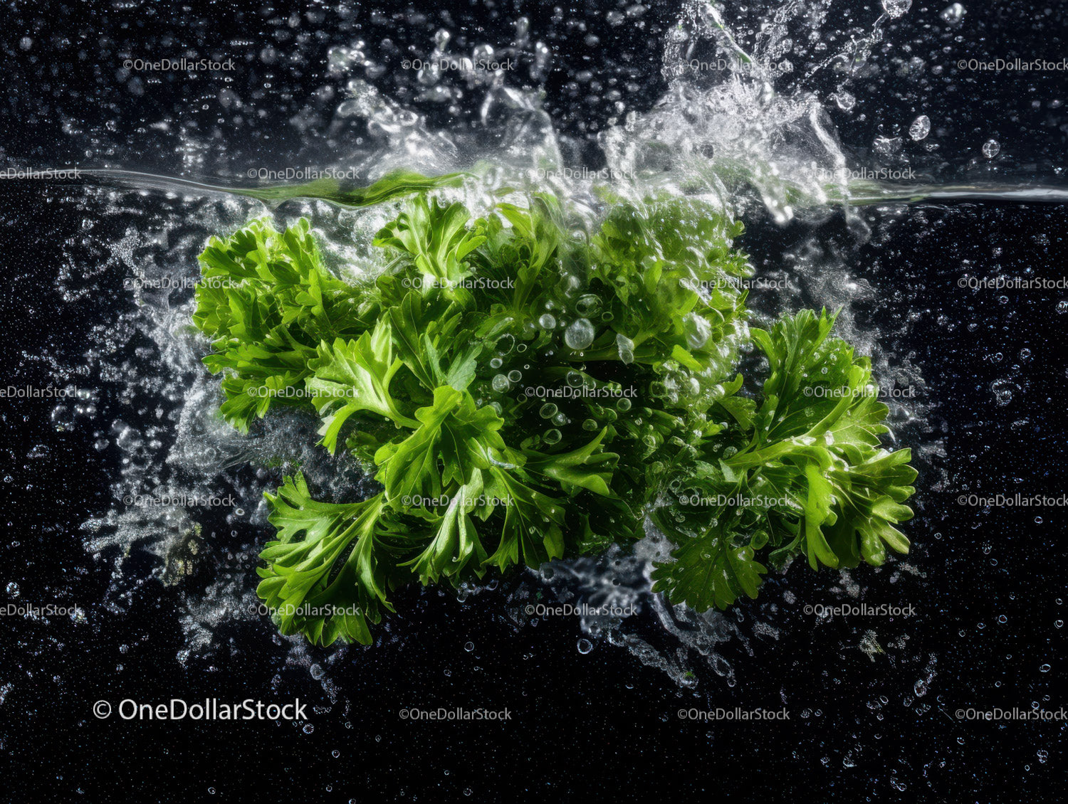 Fresh Green Parsley Leaves Splashing into Water