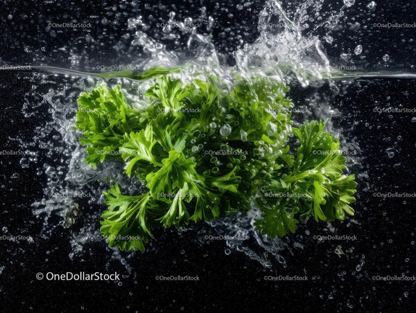 Fresh Green Parsley Leaves Splashing into Water