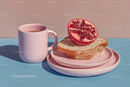 Pink Mug with Bread and Pomegranate on Colorful Table