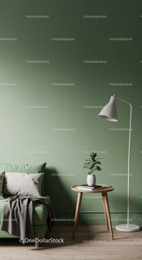 Stylish Minimalist Living Room with Green Accent Wall and Cozy Decor