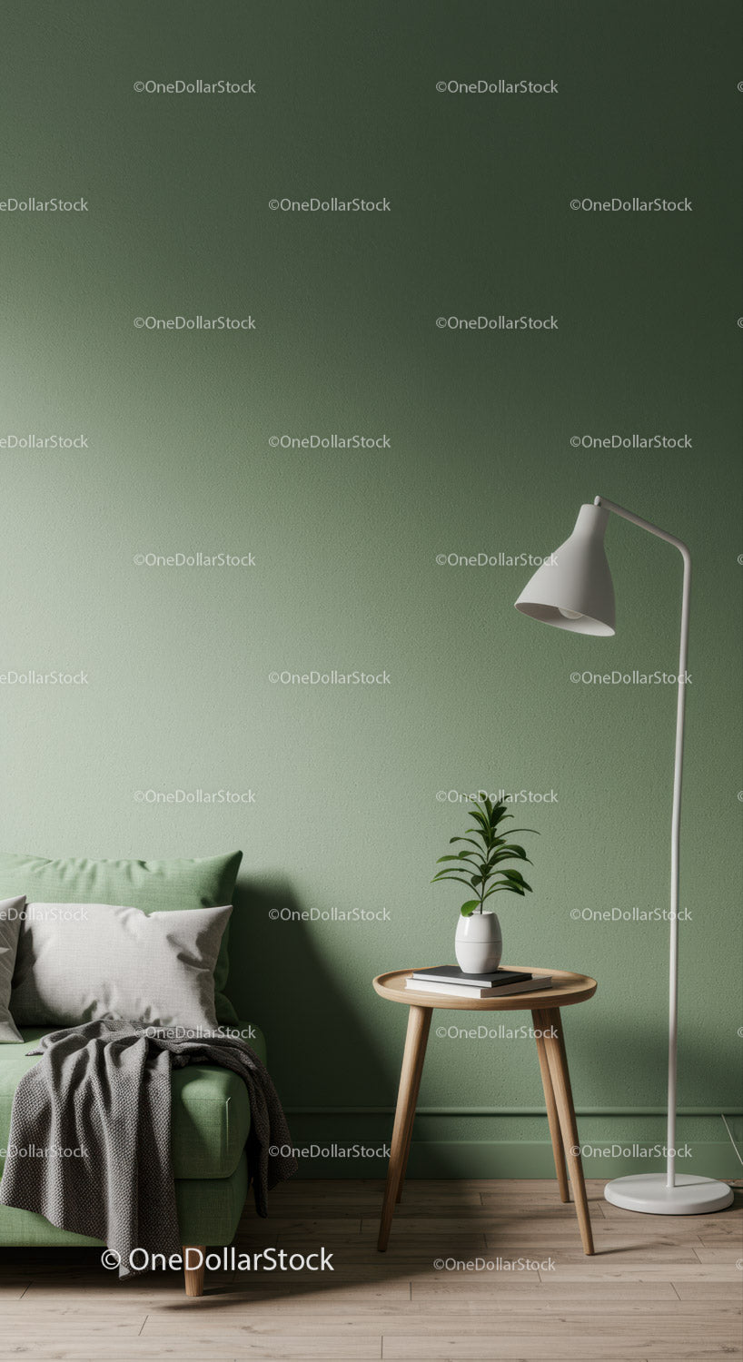 Stylowy, minimalistyczny salon z zieloną ścianą akcentową i przytulnym wystrojem