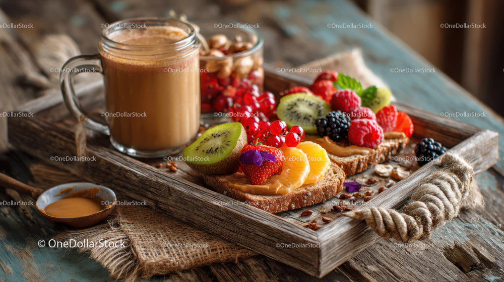 Colorful Fruit Toasts with Fresh Berries and Citrus on Rustic Tray
