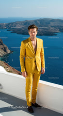 Man in Yellow Suit Poses by Scenic Blue Seaside