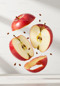 Fresh red apple slices with floating seeds on white