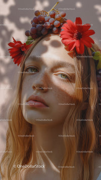 Young Woman with Red Floral Crown and Purple Grapes Outdoor Portrait