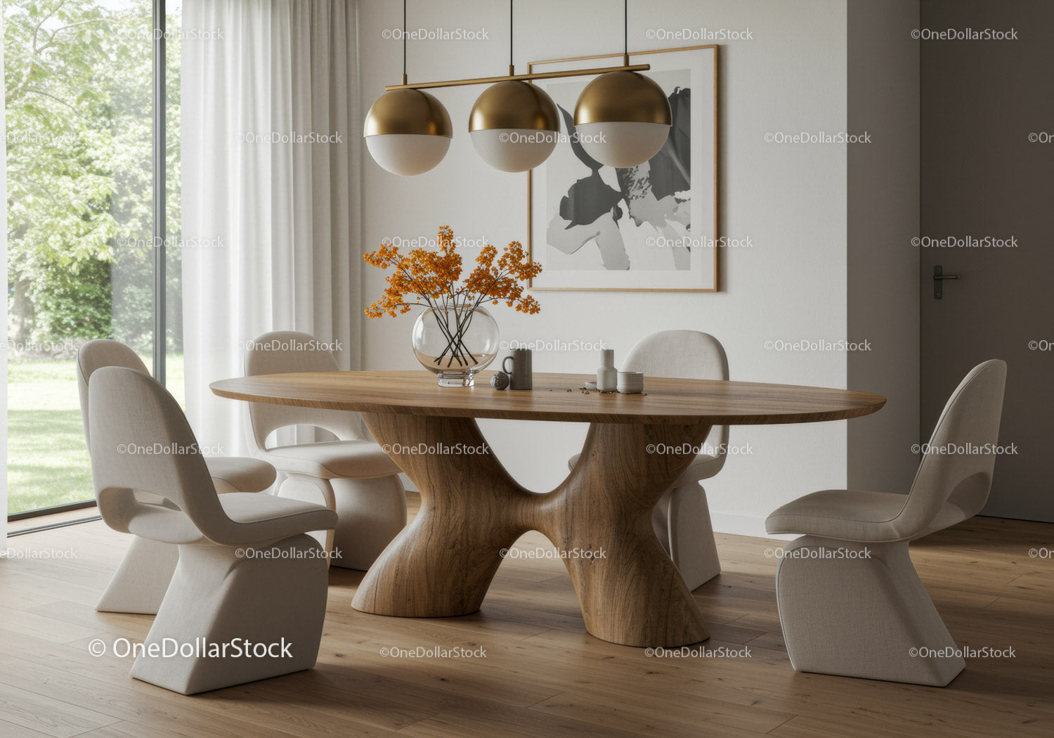 Modern Dining Room with Wooden Oval Table and Beige Upholstered Chairs