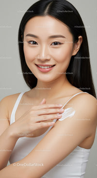Beautiful Asian Woman Applying Moisturizer for Flawless Skin