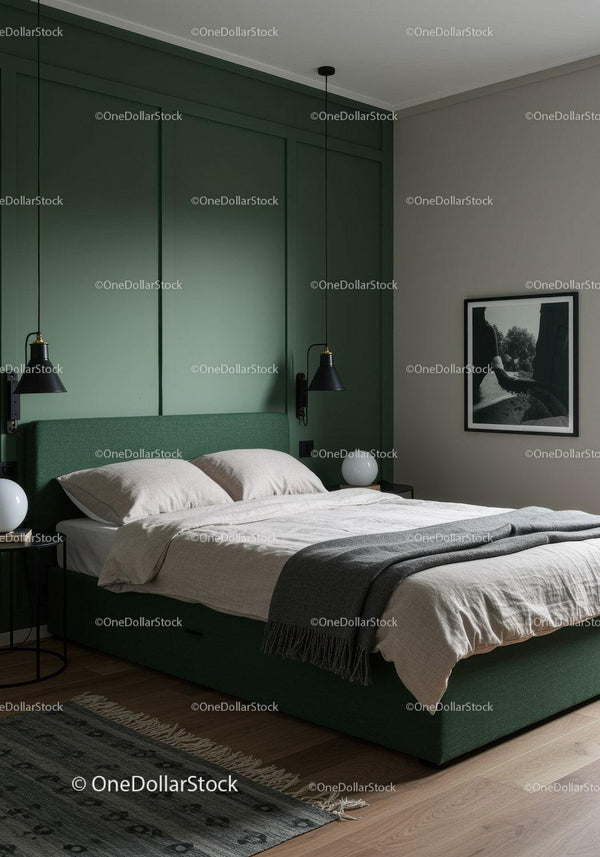 Modern Bedroom with Green Accent Wall and Stylish Decor