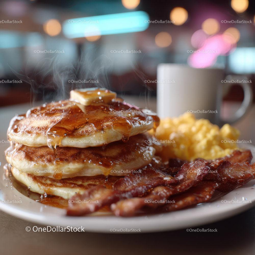 Stack of Fluffy Pancakes with Syrup Bacon and Coffee