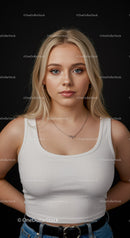Confident young woman with blonde hair in casual outfit