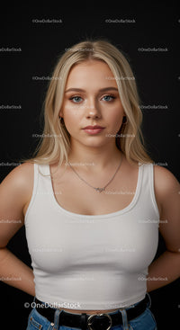 Confident young woman with blonde hair in casual outfit