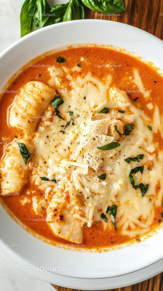 Cheesy Ravioli in Spicy Tomato Soup with Basil Garnish