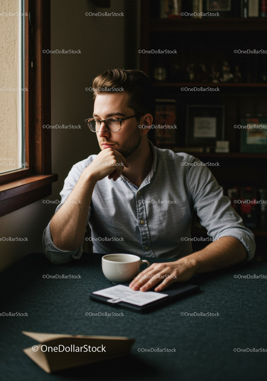 Young Man Reading Book and Drinking Coffee Indoors