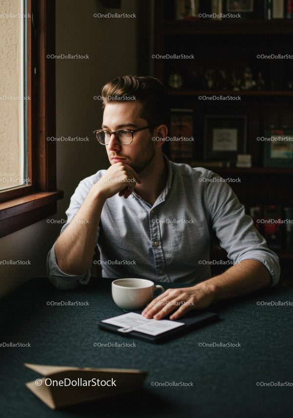 Young Man Reading Book and Drinking Coffee Indoors