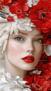 Elegant Woman with Red Lipstick Surrounded by Red and White Flowers