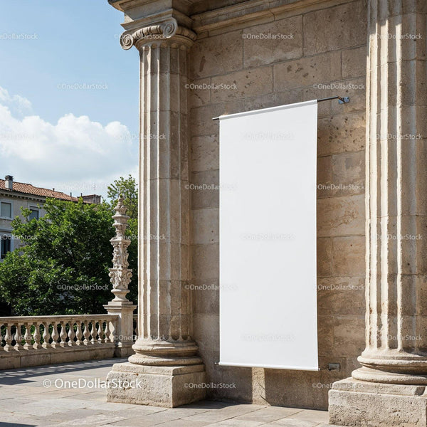 Blank white banner between classical stone columns outdoors JPG Mockup Image