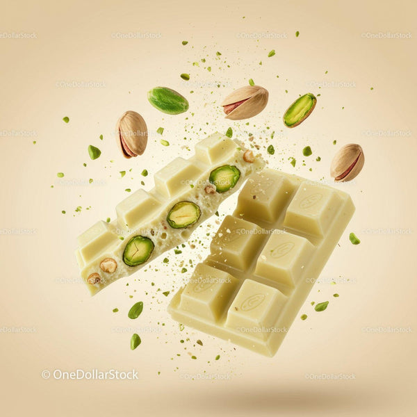 White chocolate bar with crunchy pistachios floating