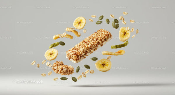 Crispy granola bar with banana chips and seeds floating