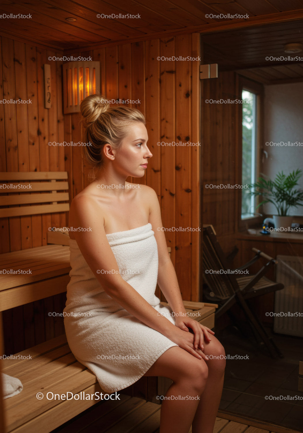 Relaxing Woman Sitting in Sauna with Wooden Walls and Towel