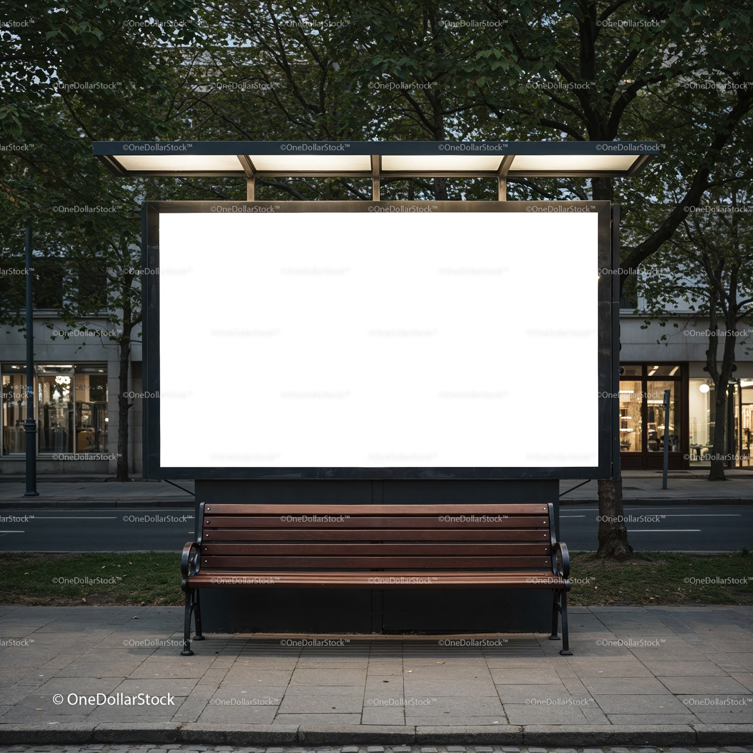 Empty street bench under illuminated blank billboard at dusk