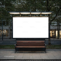 Empty street bench under illuminated blank billboard at dusk