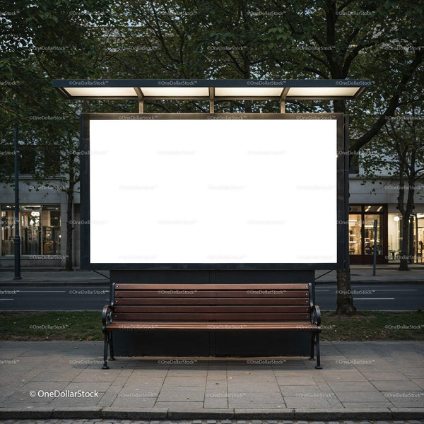 Empty street bench under illuminated blank billboard at dusk JPG Mockup Image