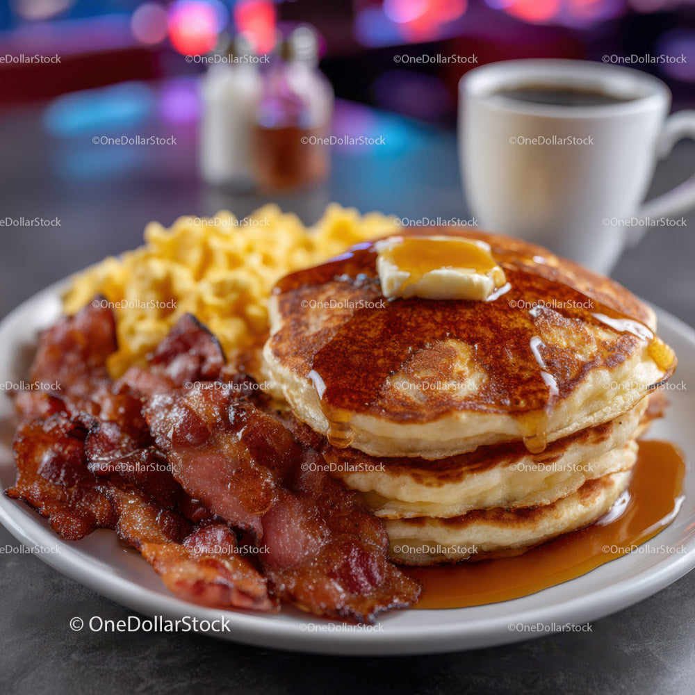 Stack of Fluffy Pancakes with Syrup and Bacon for Breakfast or Brunch
