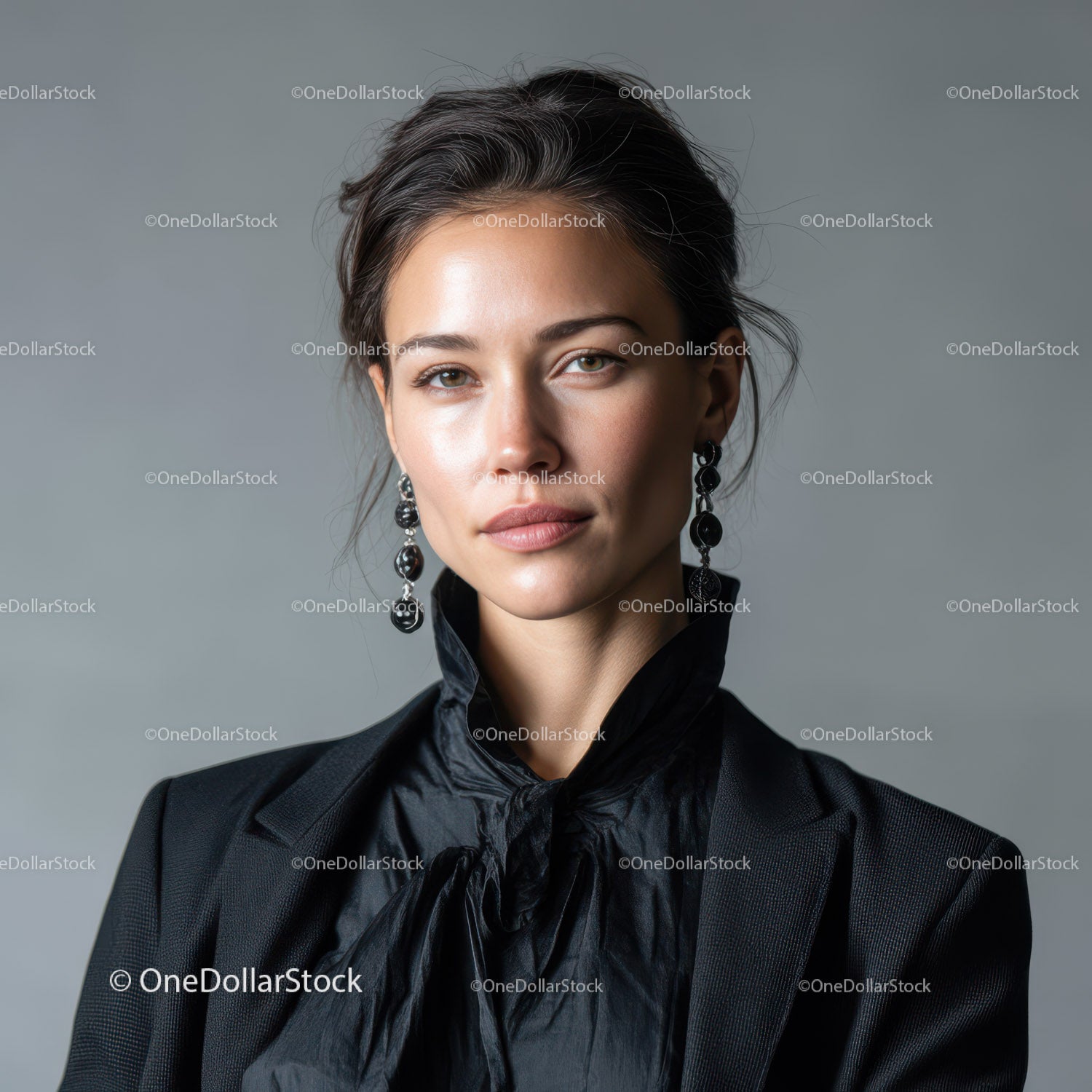 Elegant Woman in Black Suit with Statement Earrings Portrait