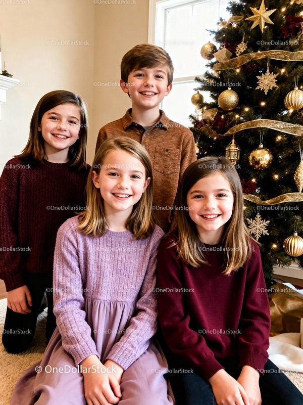 Smiling children gathered by festive Christmas tree