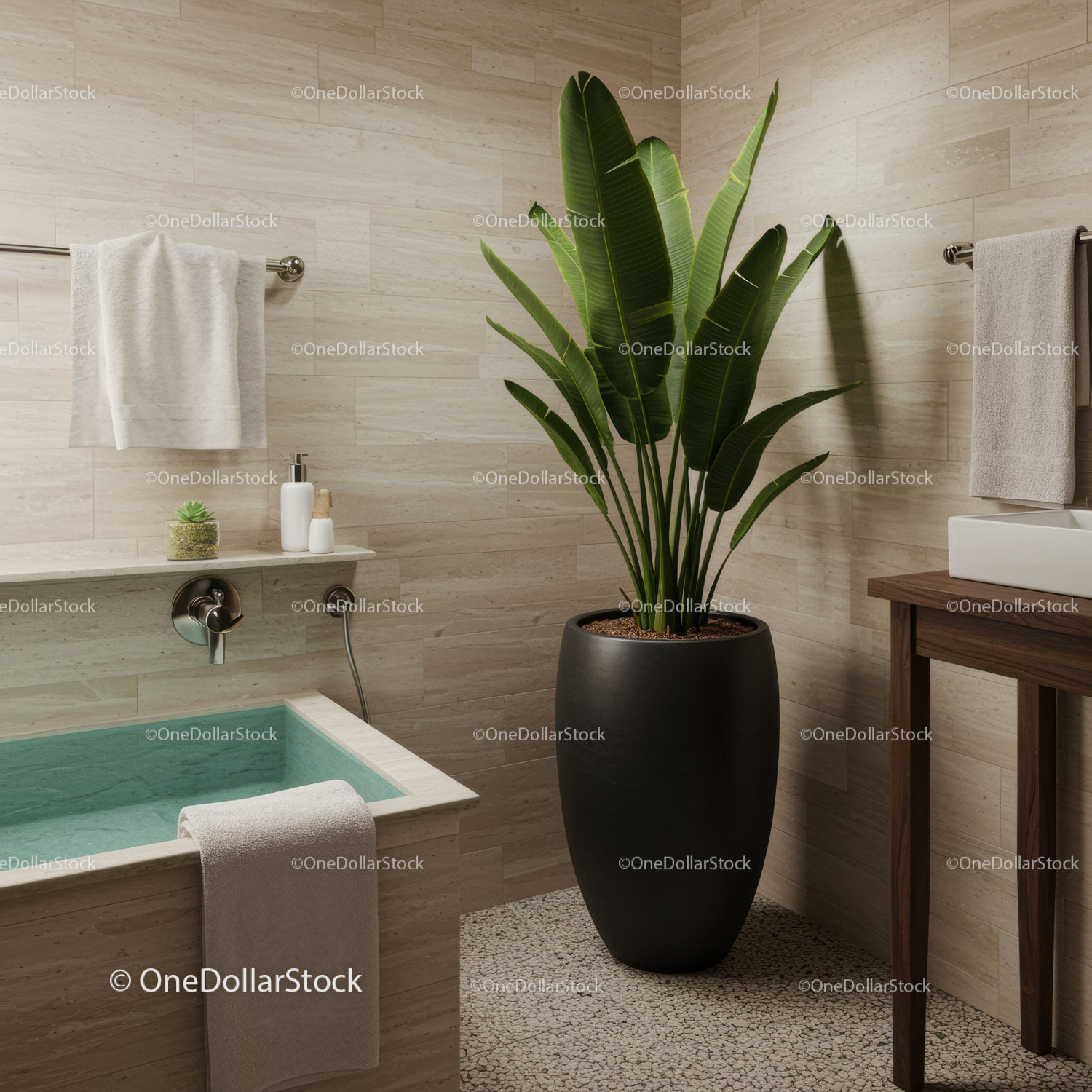 Modern Bathroom with Large Green Plant in Black Vase and Wooden Vanity
