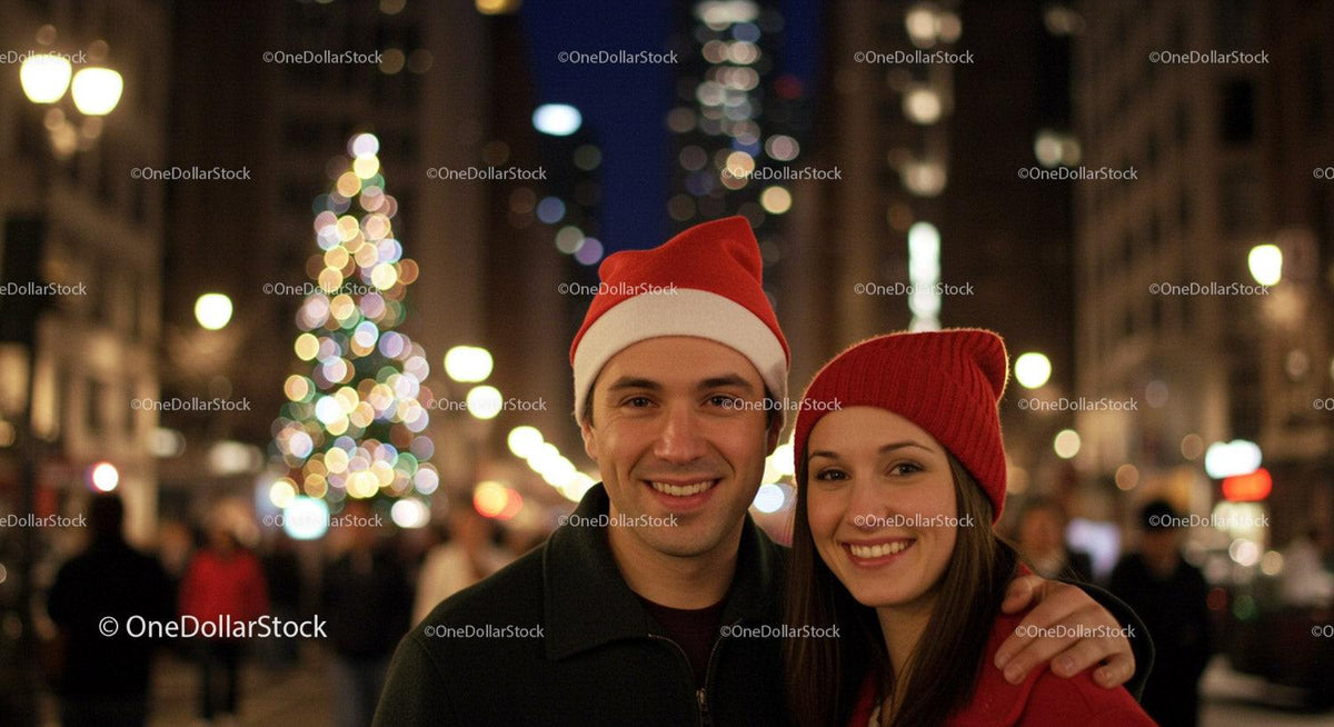 Couple wearing festive hats smiling in city at night