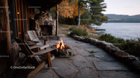 Rustic Lakeside Scene with Firepit and Wooden Chairs at Sunset