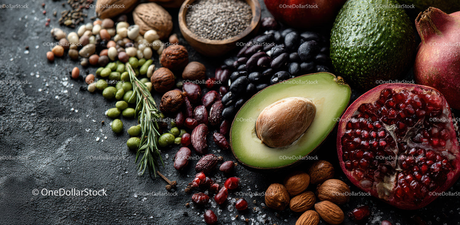 Fresh Avocado and Pomegranate with Mixed Nuts on Dark Surface